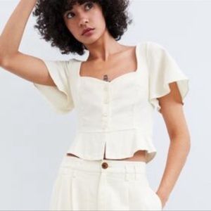 Zara cream medium flutter sweetheart button up canvas short sleeve top